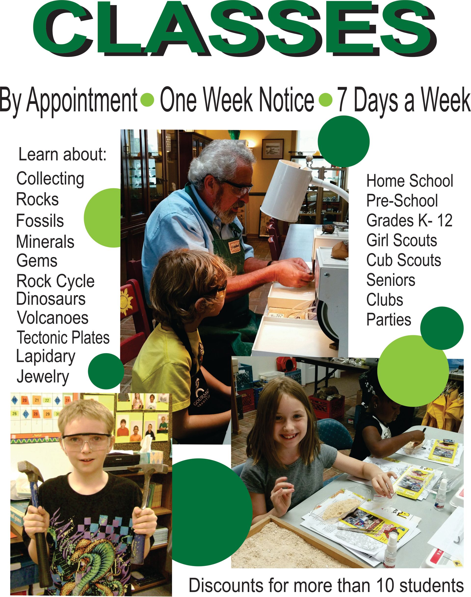 A poster that says classes by appointment one week notice 7 days a week