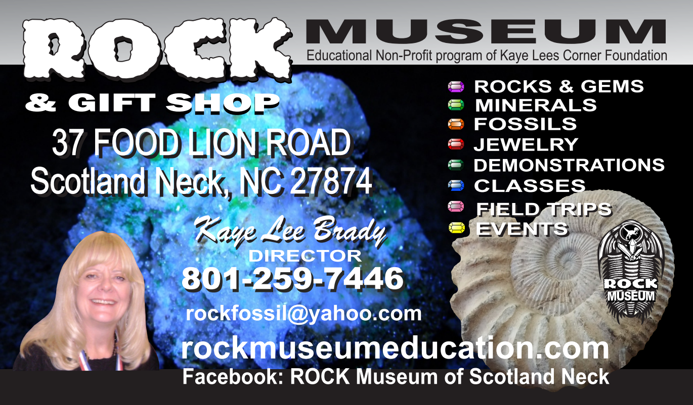 A business card for the rock museum of scotland neck
