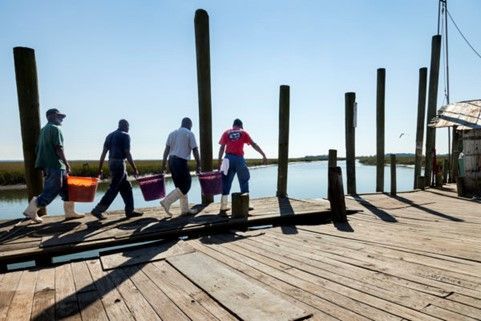 A group of men are walking on a wooden dock carrying buckets.