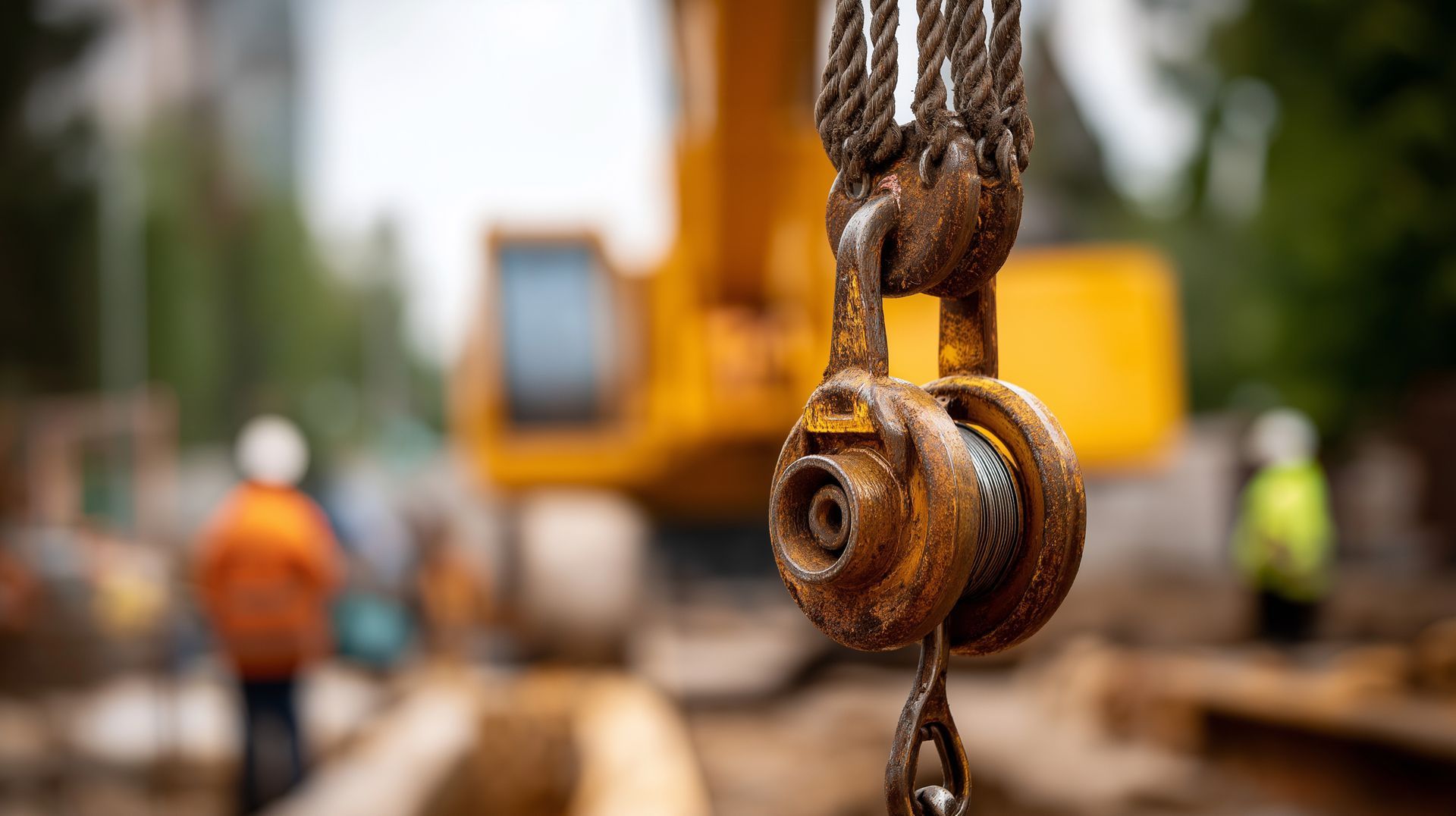 Close-up of heavy machinery rigging with a steel crane hook and pulley on a construction site. Close-up of heavy machinery rigging with a steel crane hook and pulley on a construction site.