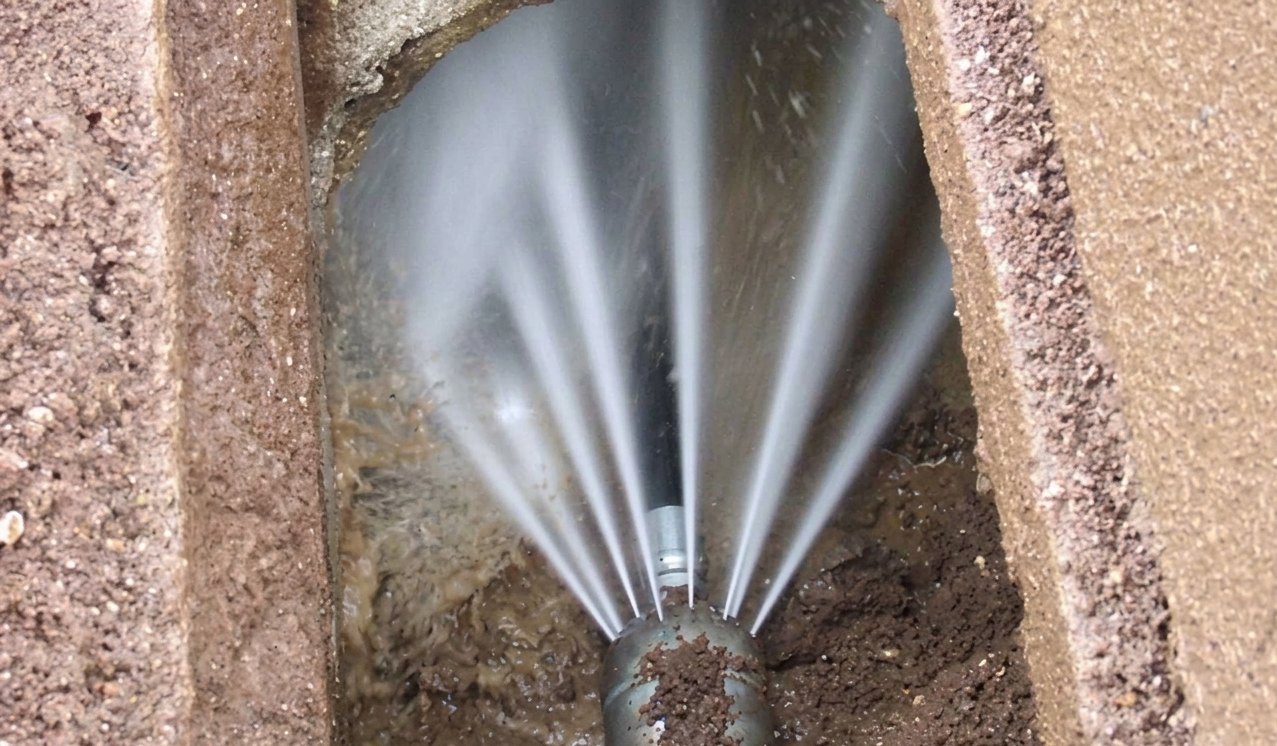 Un ugello ad alta pressione spruzza acqua in una stretta trincea piena di terra per rimuovere un'ostruzione.