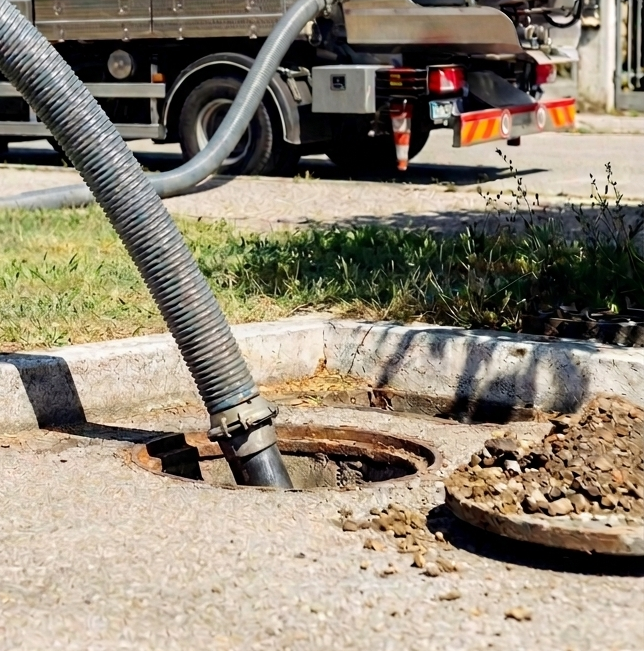 Un tubo di aspirazione grigio di un camion della nettezza urbana viene inserito in un tombino aperto su una strada asfaltata.