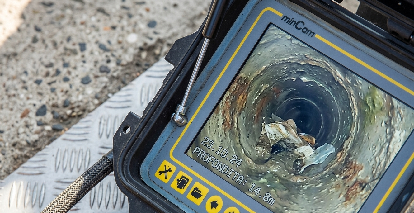 Una telecamera portatile per l'ispezione delle tubature, montata su una piattaforma metallica, mostra su uno schermo l'interno di un tubo pieno di detriti.