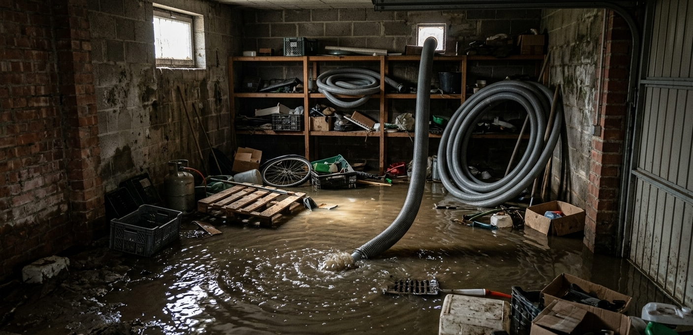Un garage allagato con l'acqua che ricopre il pavimento e un grosso tubo scuro arrotolato e immerso nell'acqua stagnante e torbida.