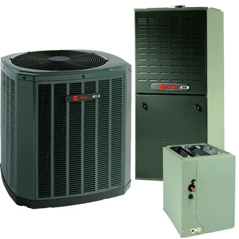 Dark green HVAC system components: outdoor unit, furnace, and evaporator coil.