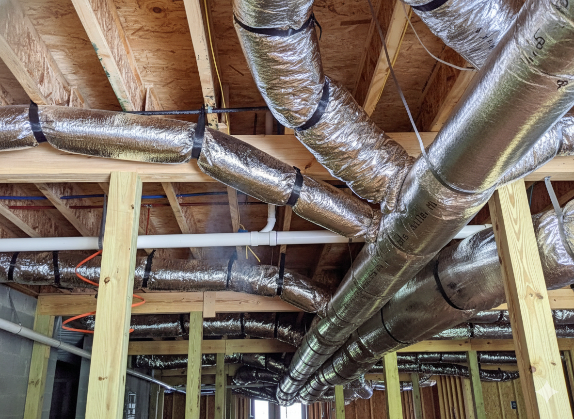 Construction view of exposed HVAC ductwork in a wood-framed ceiling. Silver insulated flex ducts branch out.