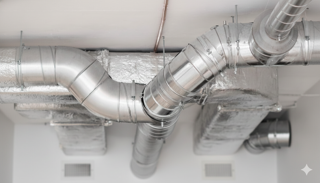 Metal HVAC ducts connect across a white ceiling, insulated with reflective material.