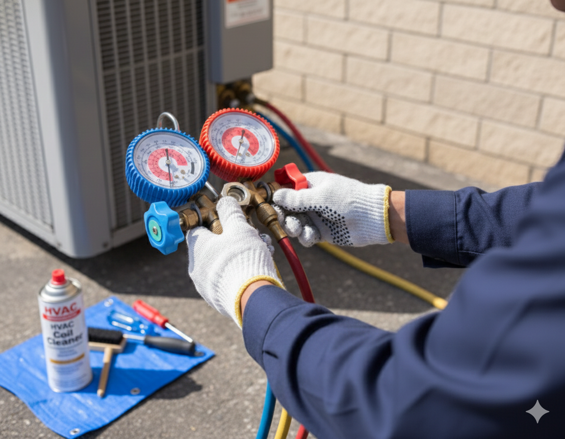 HVAC technician wearing gloves checks an air conditioning unit's gauges, outside, by a brick wall.