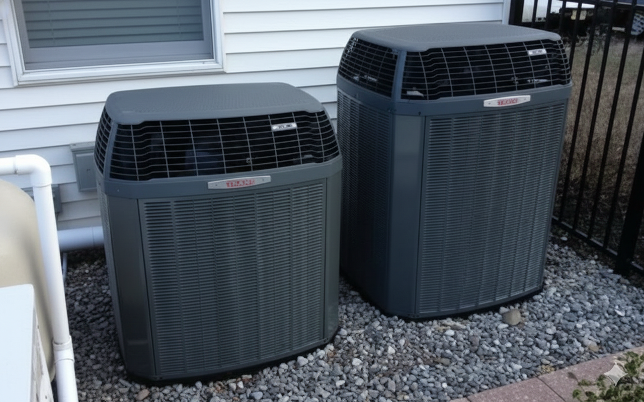 Two dark gray air conditioning units on a gravel bed next to a white house wall.