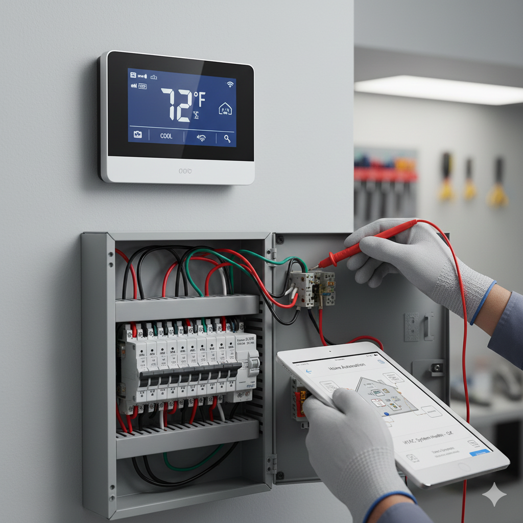 Electrician testing wiring in an open electrical panel with a digital tablet and thermostat on the wall.