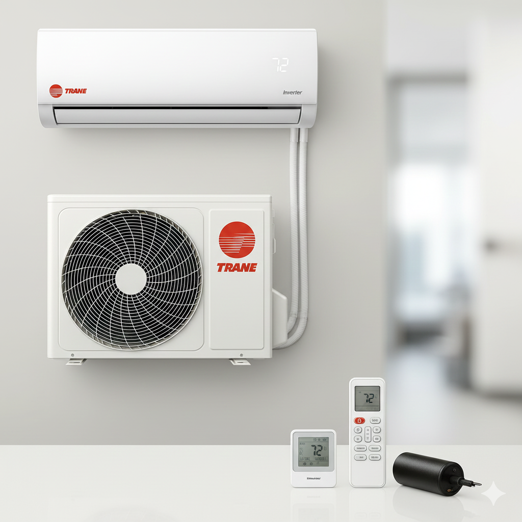 White Trane mini-split AC system on a wall; indoor and outdoor units, remotes, and tubing visible.