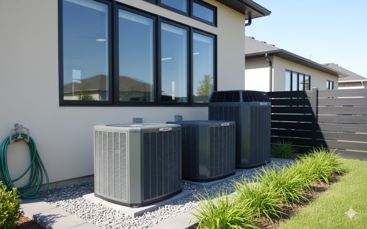 Three air conditioning units outside a modern home, next to grass and a dark fence.