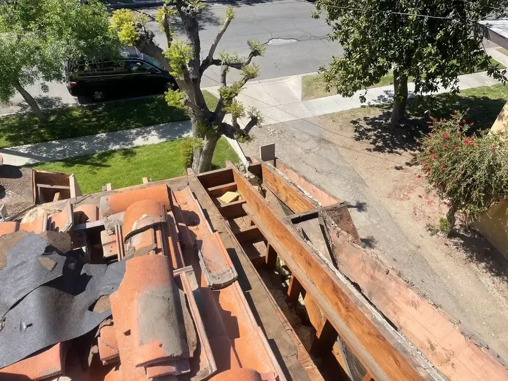 A roof with a lot of tiles and a tree in the background
