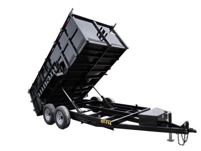 A dump trailer with the side up on a white background.