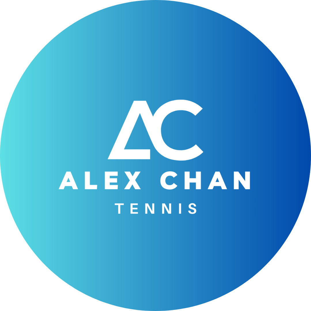 A logo for alex chan tennis in a blue circle