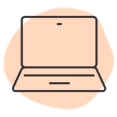 A line drawing of an open laptop computer on a pink background.