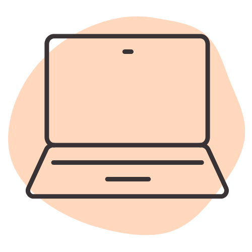 A line drawing of an open laptop computer on a pink background.