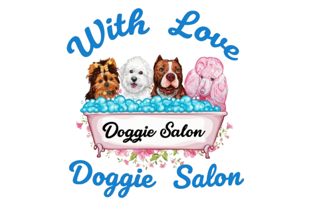 Logo for "Doggie Salon" featuring four dogs in a bubble bath, with text "With Love" above and "Doggie Salon" below.