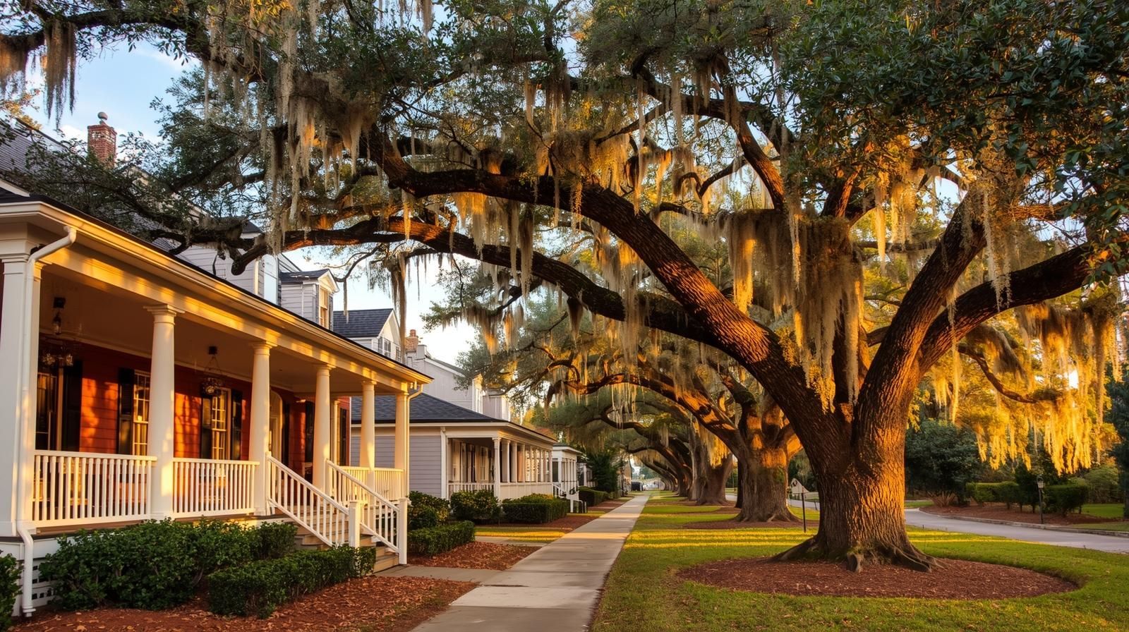 Tree-lined street on Daniel Island, South Carolina with homes and oak trees draped in Spanish moss