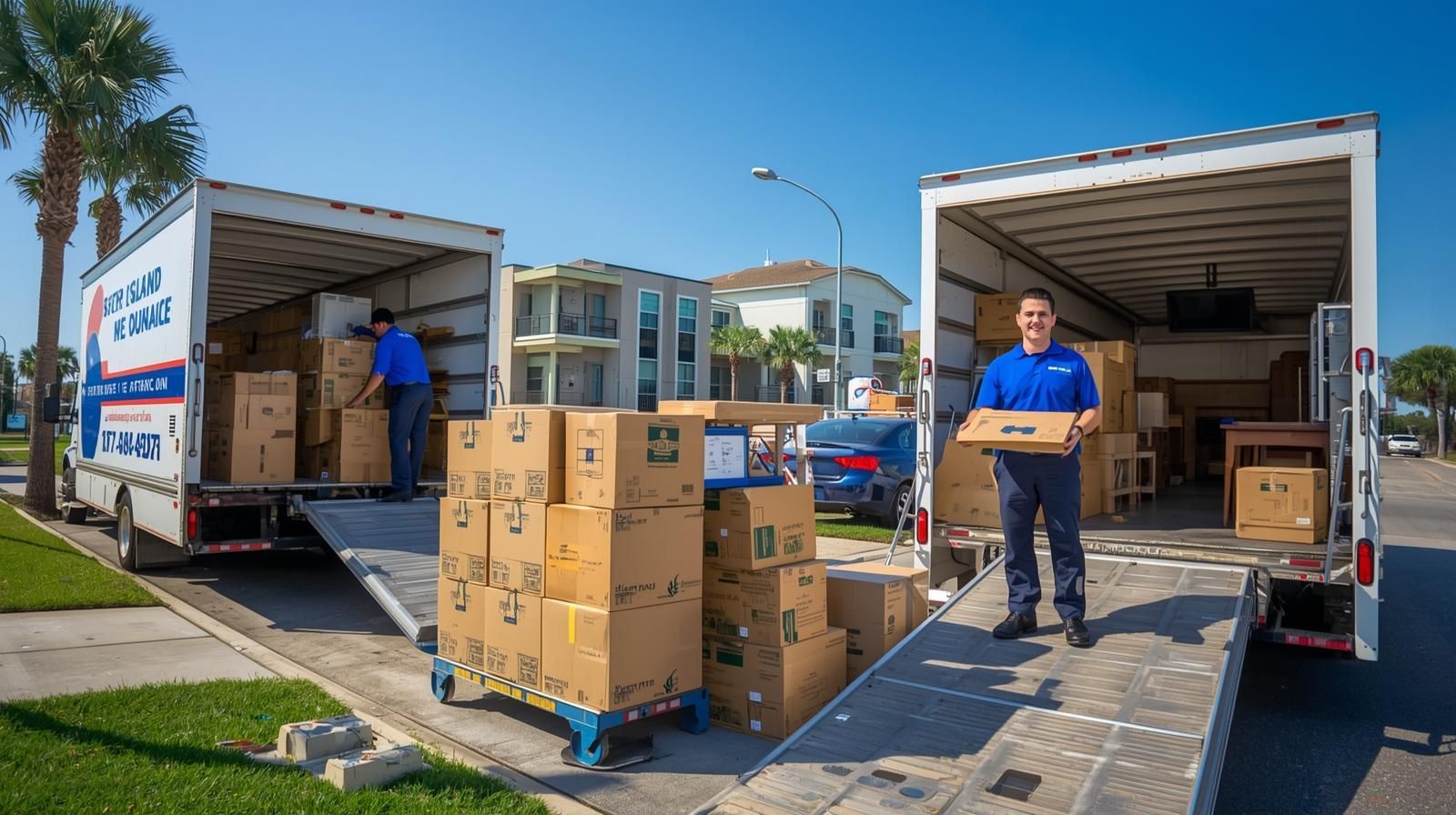 Movers loading and unloading boxes from moving trucks on Daniel Island.