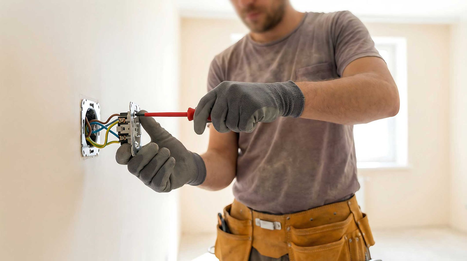 Electrician wiring a wall outlet with a screwdriver in a bright room