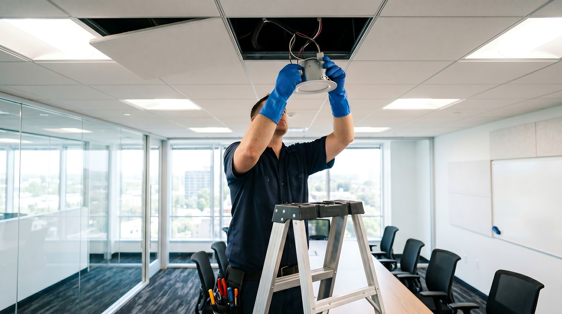 Professional residential electrical contractor repairing home wiring with specialized tools. View of a commercial electrician with gloves fixing a light in a conference room.