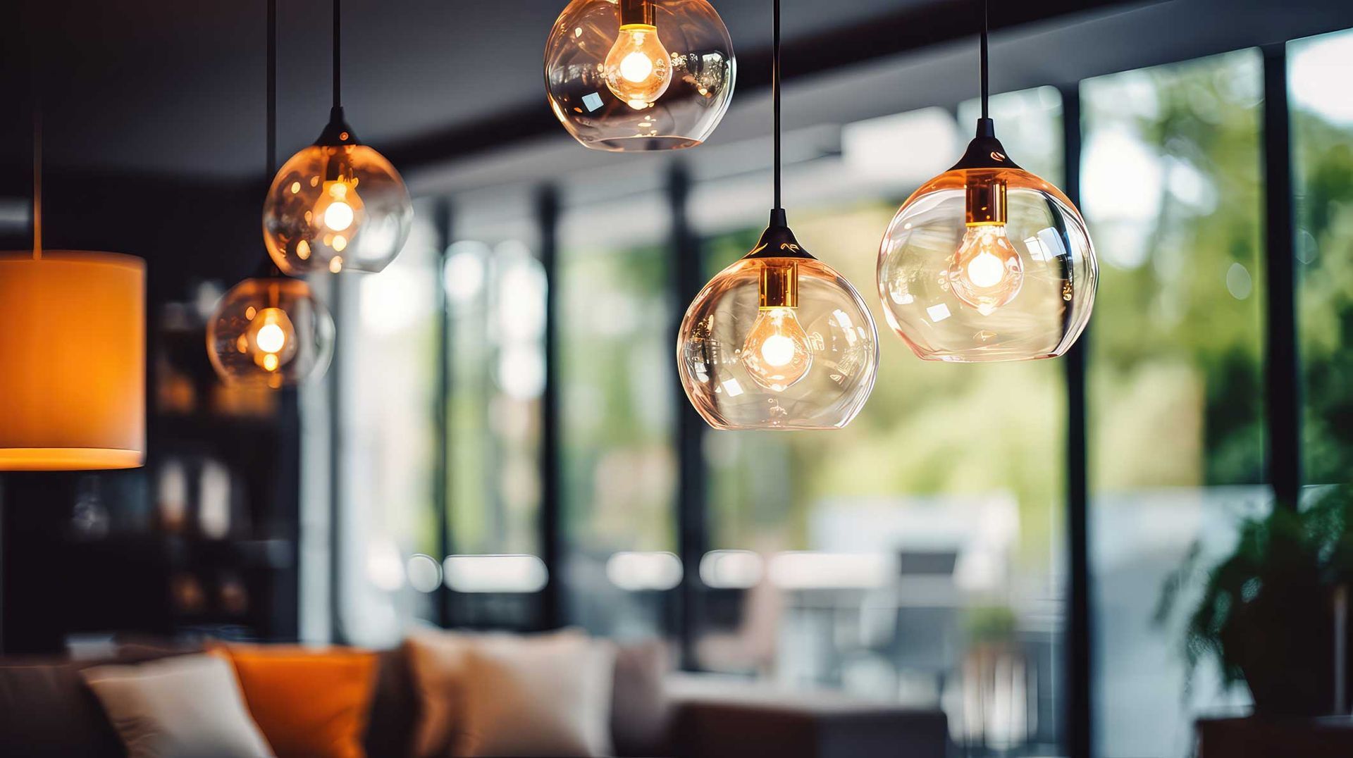 Warm hanging pendant lights in a modern café with large windows and a blurred seating area