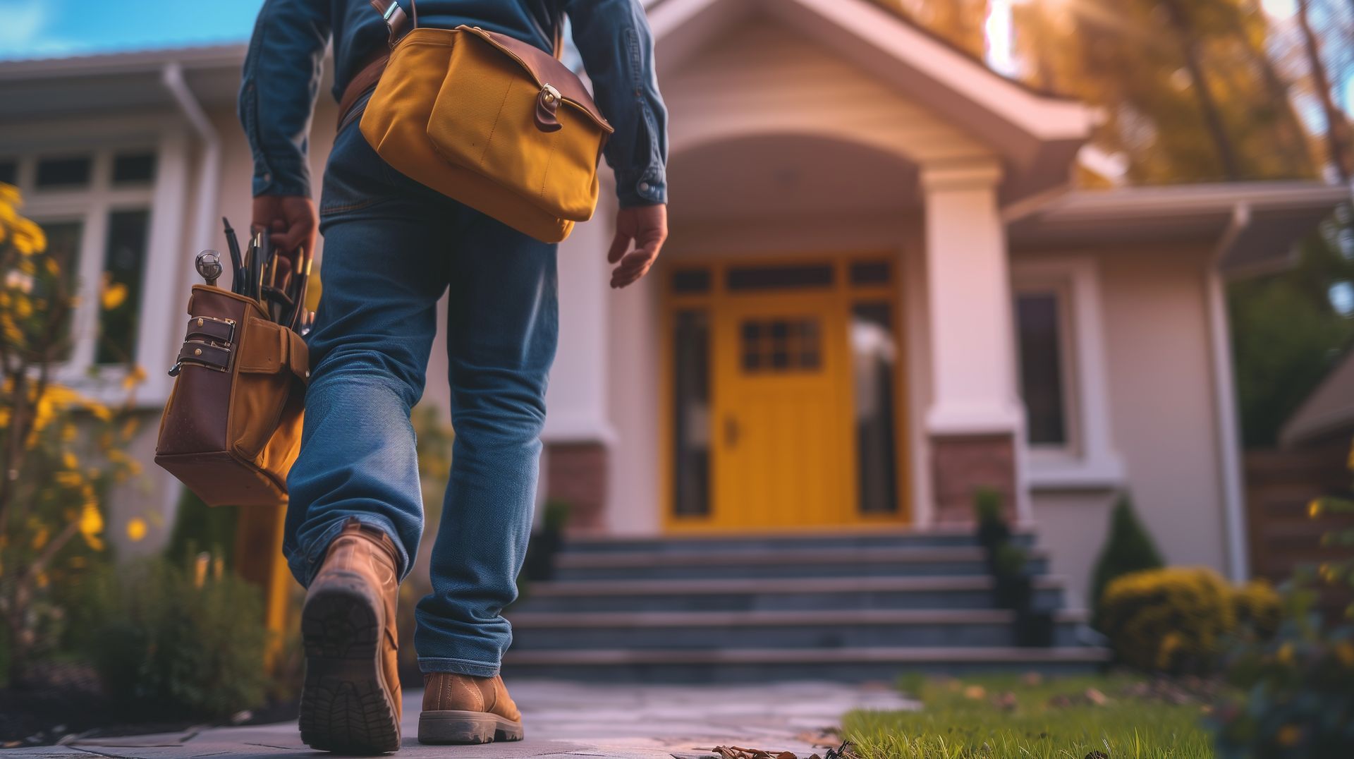 Professional residential electrical contractor repairing home wiring with specialized tools. View of a home electrician walking towards a blurred house.