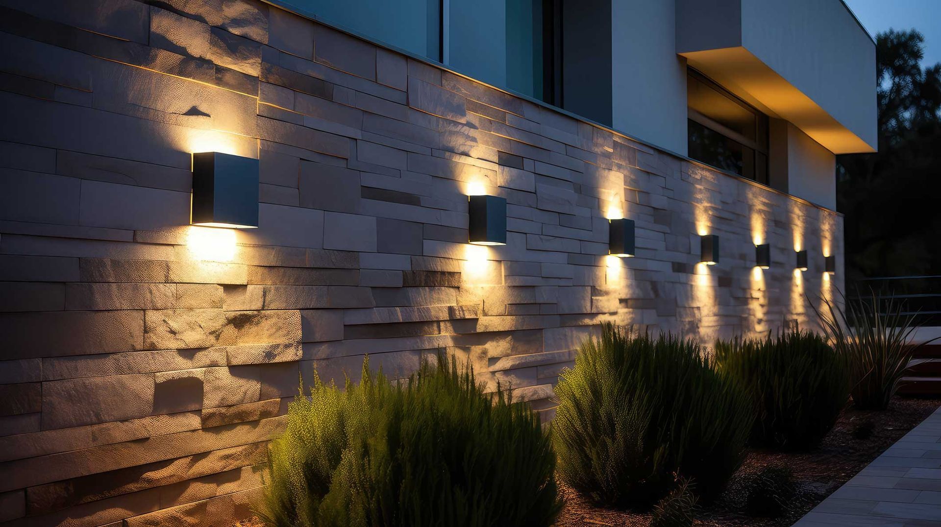 Modern building stone wall with warm exterior lights at dusk, beside a landscaped walkway