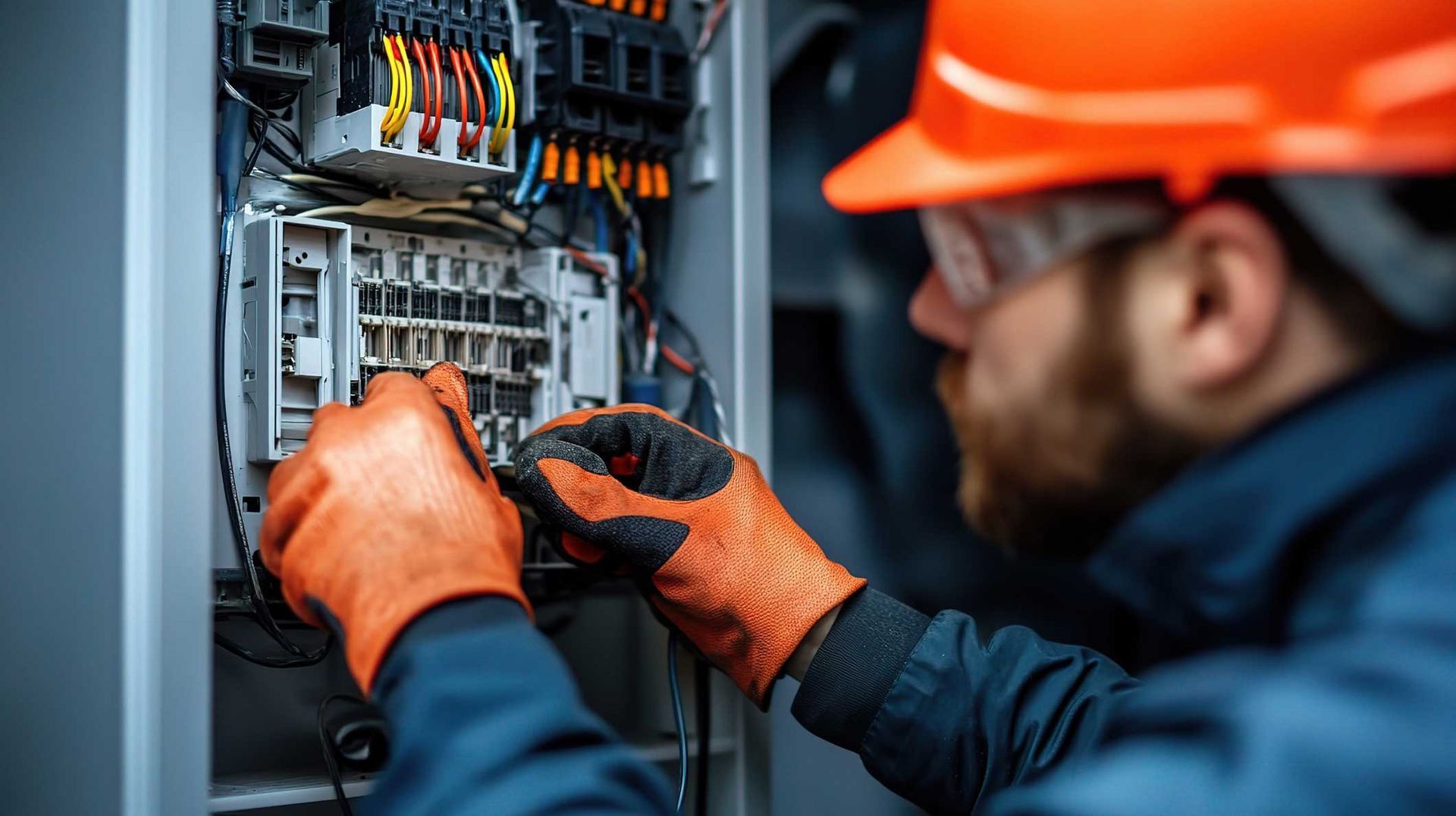 Technician in orange hard hat and gloves inspecting electrical panel wiring indoors