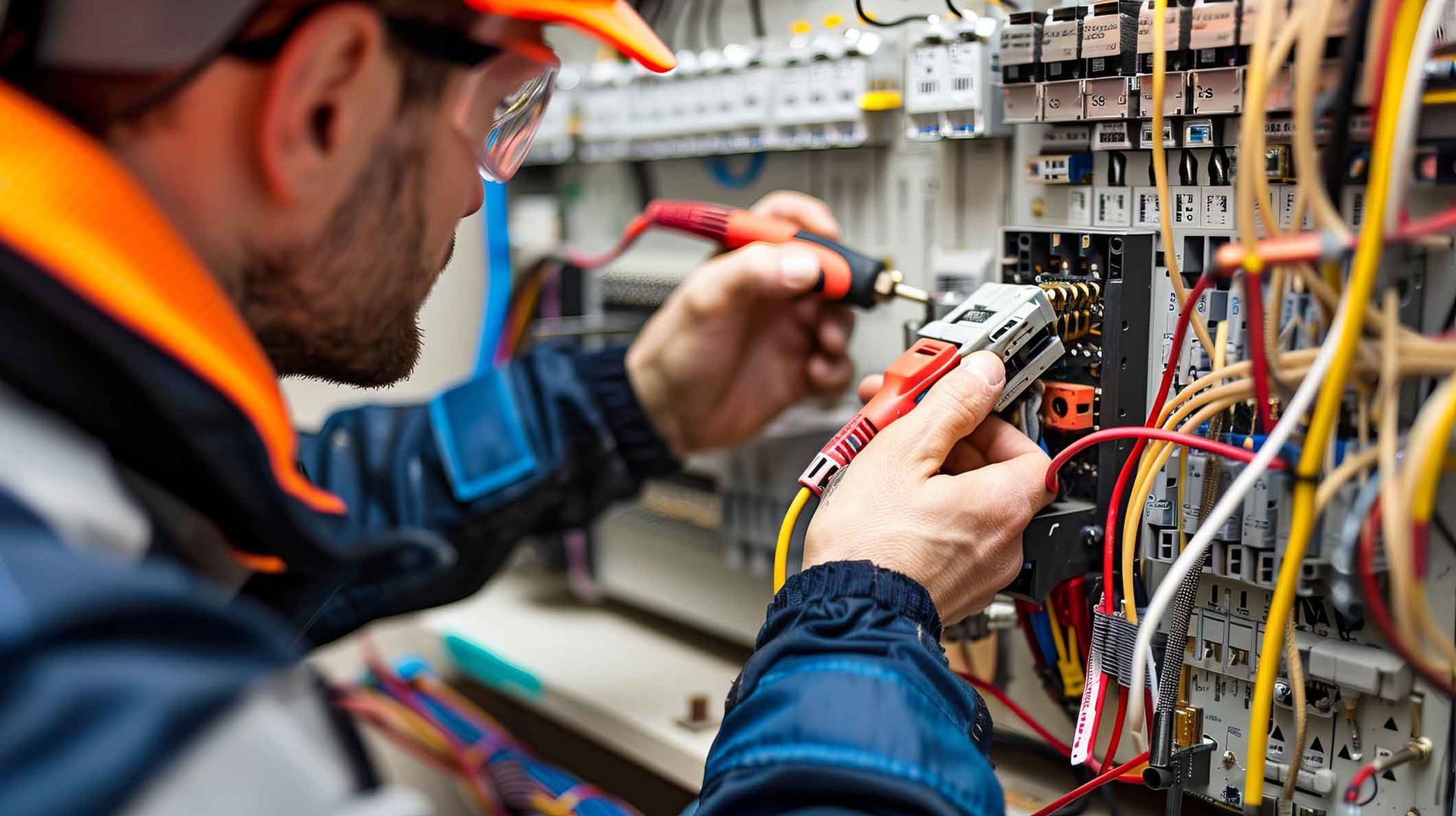 Technician using a multimeter to inspect wiring in an electrical control panel