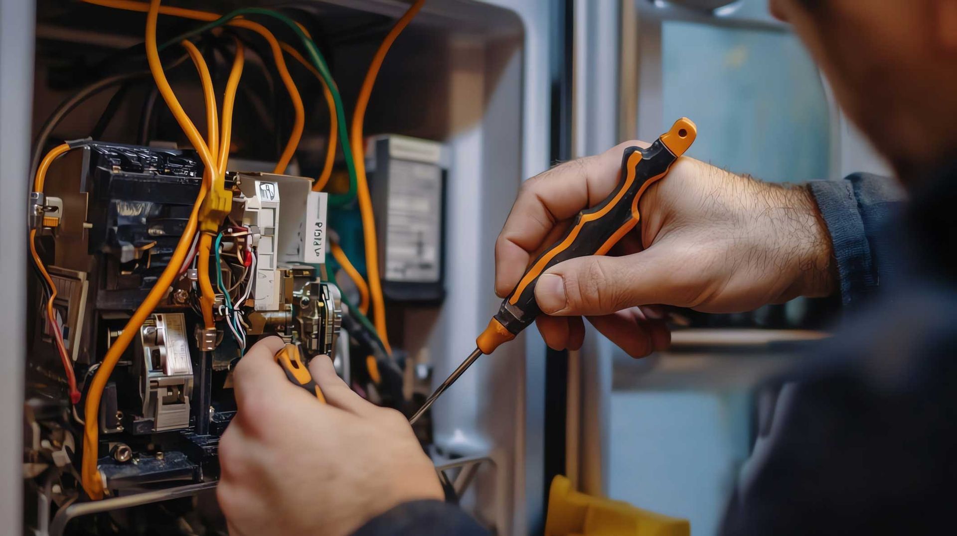 Hands using a screwdriver to repair exposed electronic circuitry inside a device cabinet.