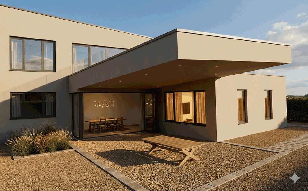 Modern beige house with covered patio, gravel yard, and large windows.