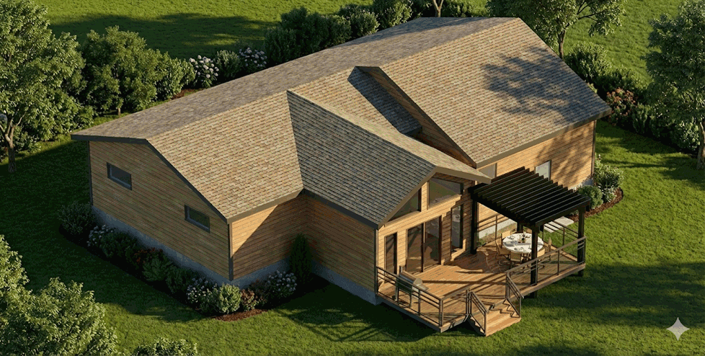 House exterior rendering with brown roof and wood siding, covered porch, and surrounding green lawn.