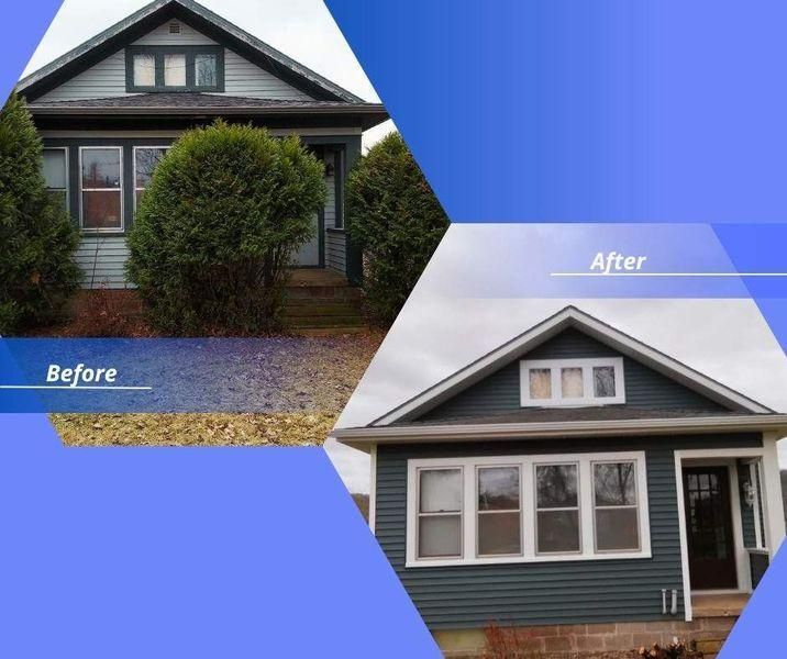 Before and after photos of a house renovation, showing the removal of large shrubs and new dark blue exterior siding.