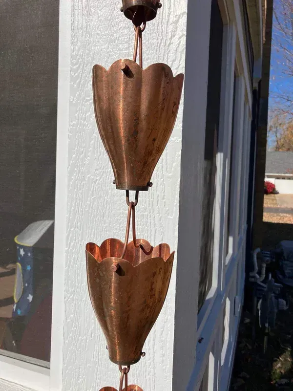 Copper rain chain consisting of interconnected, petal-shaped metal cups hanging from a white exterior wall.