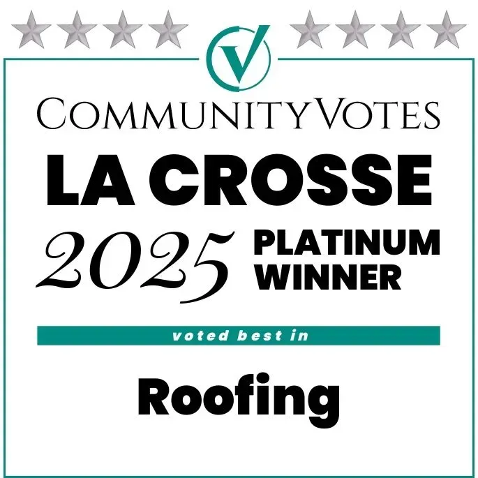 CommunityVotes La Crosse 2025 Platinum Winner award seal for best in Roofing, featuring.