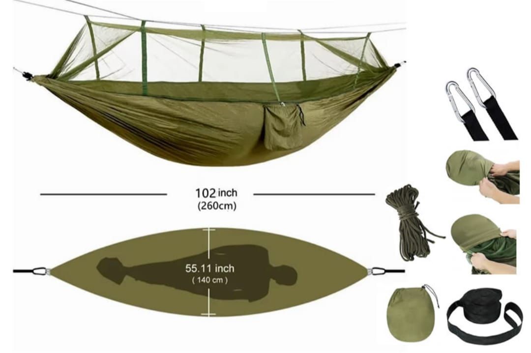 Hamaca verde con mosquitero, accesorios y dimensiones: 102 pulgadas de largo, 55.11 pulgadas de ancho.