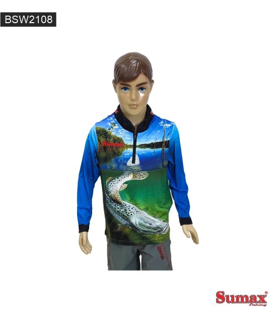 Maniquí con una camiseta de pesca azul y verde