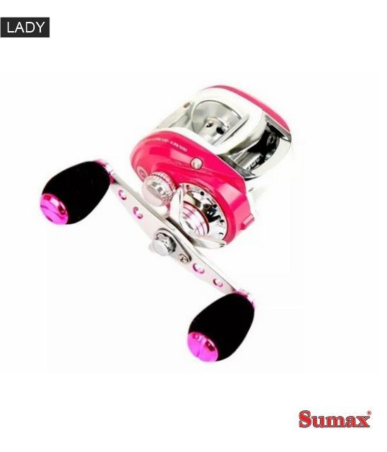 Carrete de pesca Sumax rosa y plateado con empuñaduras negras y rosas, etiquetado "Lady".