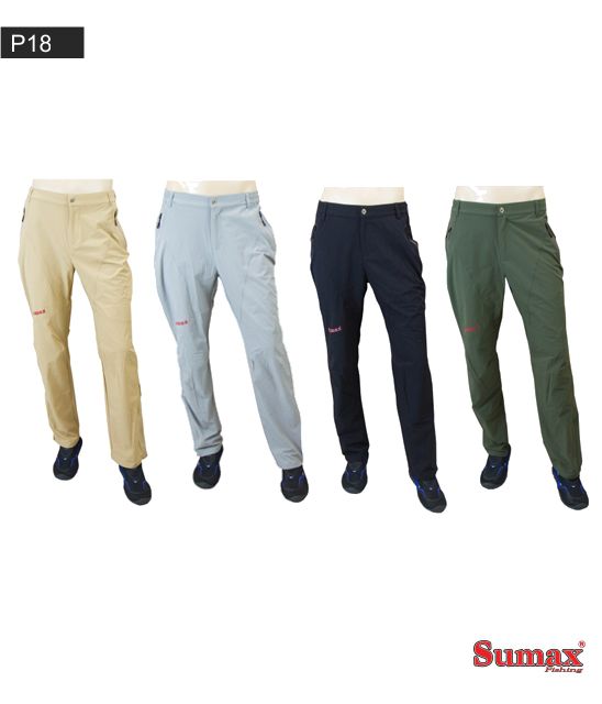 Cuatro pares de pantalones de la marca Sumax en colores beige, celeste, azul marino y verde expuestos en maniquíes.