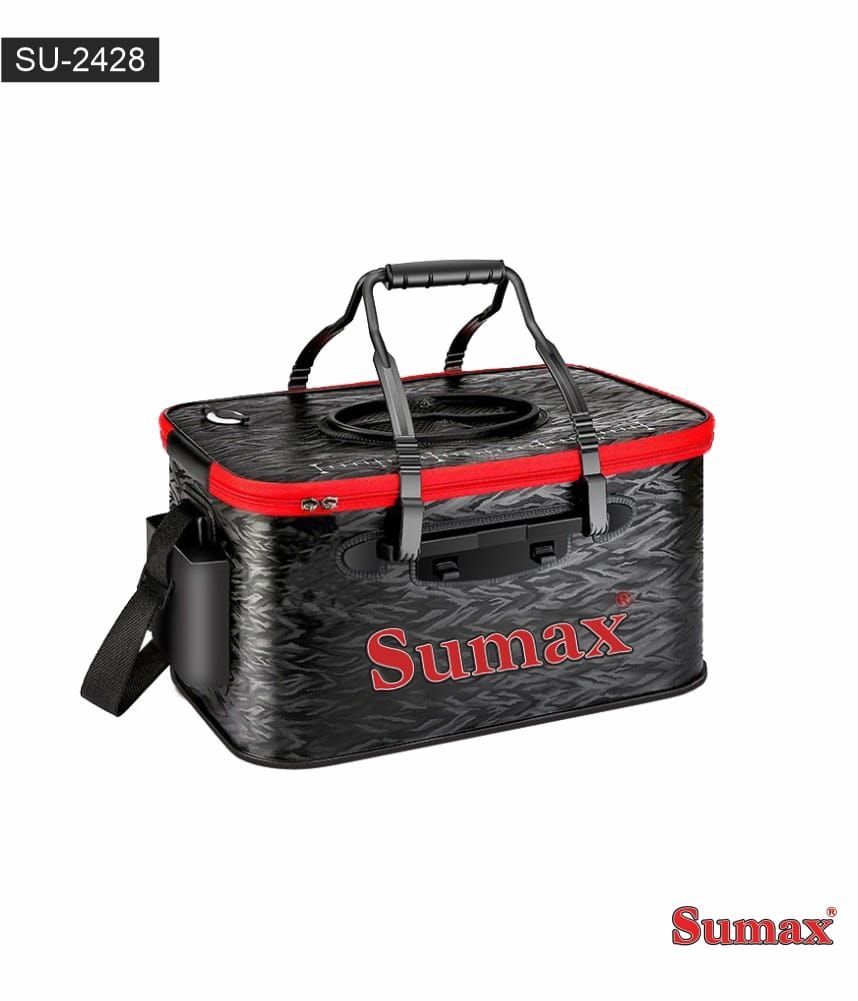 Caja de aparejos de pesca Sumax de color negro y rojo con asa, correa para el hombro y aireador incorporado.