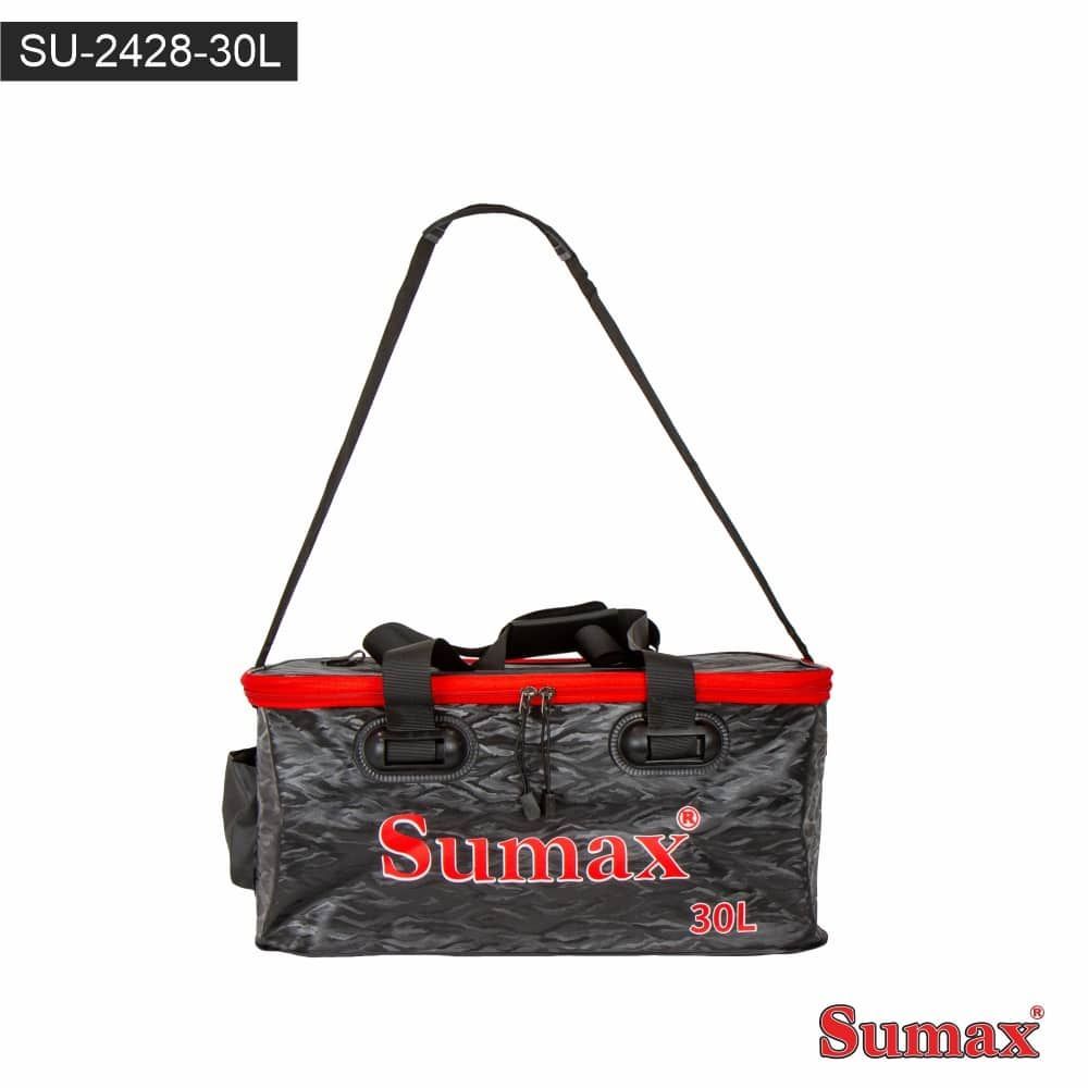 Bolsa de pesca Sumax negra y roja con bandolera y bolsillo lateral. Tiene cremallera roja y el logo "Sumax 30L".