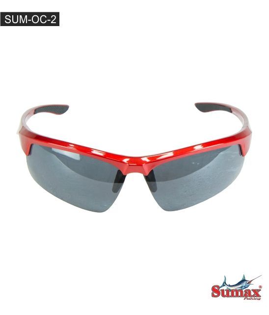Gafas de sol rojas y negras con lentes grises; producto etiquetado como "SUM-OC-2"