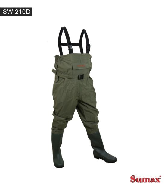 Vadeadores Sumax verdes con correas y botas negras, adecuados para pesca o actividades acuáticas.