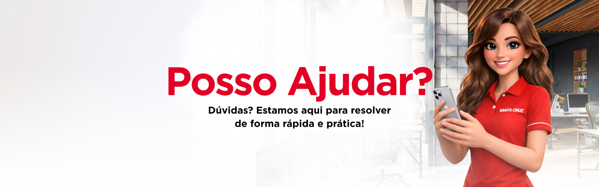 Uma assistente digital alegre, vestindo uma camisa vermelha, segura um telefone ao lado do texto 