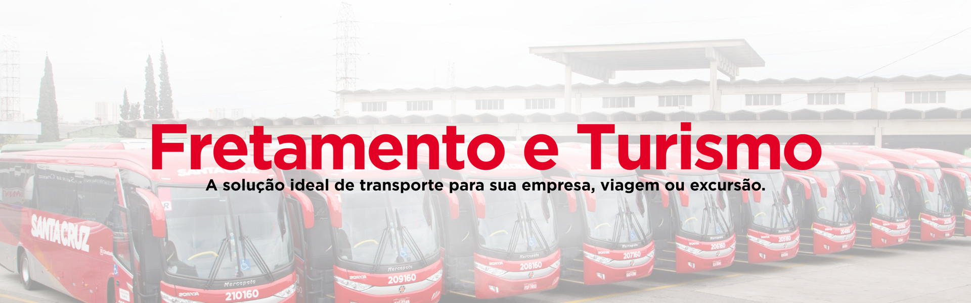 Uma frota de ônibus turísticos vermelhos estacionados em fila com a inscrição vermelha 