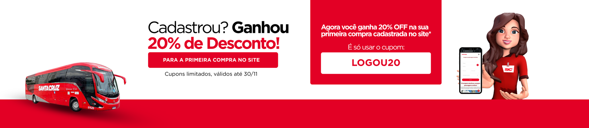 Ônibus com promoção de "20% de desconto". Mulher segurando um celular com um aplicativo, cores vermelhas.