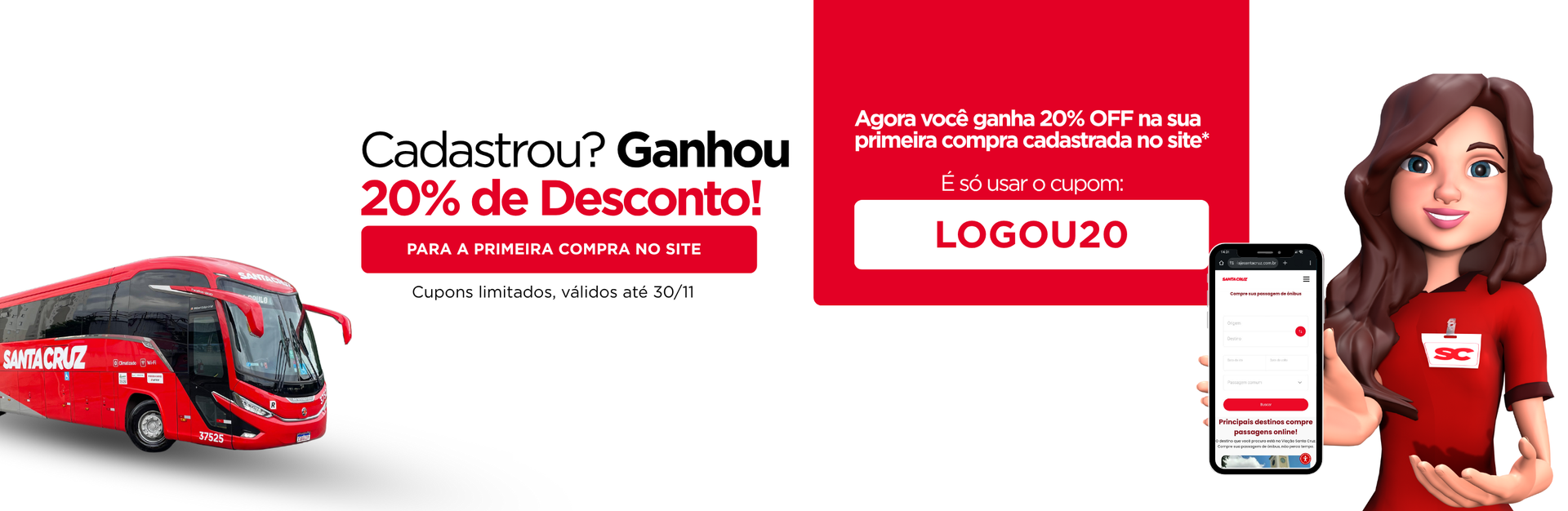 Ônibus com promoção de "20% de desconto". Mulher segurando um celular com um aplicativo, cores vermelhas.