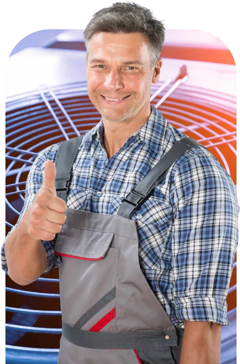 Man with tool belt giving a thumbs up in a kitchen.